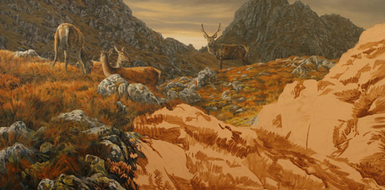 Red deer stag and three hinds - Original oil painting